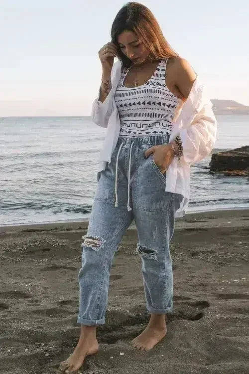 Sky Blue Gather Round Distressed Pocketed Hole Denim Jogger - Femstylo