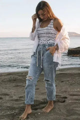 Sky Blue Gather Round Distressed Pocketed Hole Denim Jogger - Femstylo