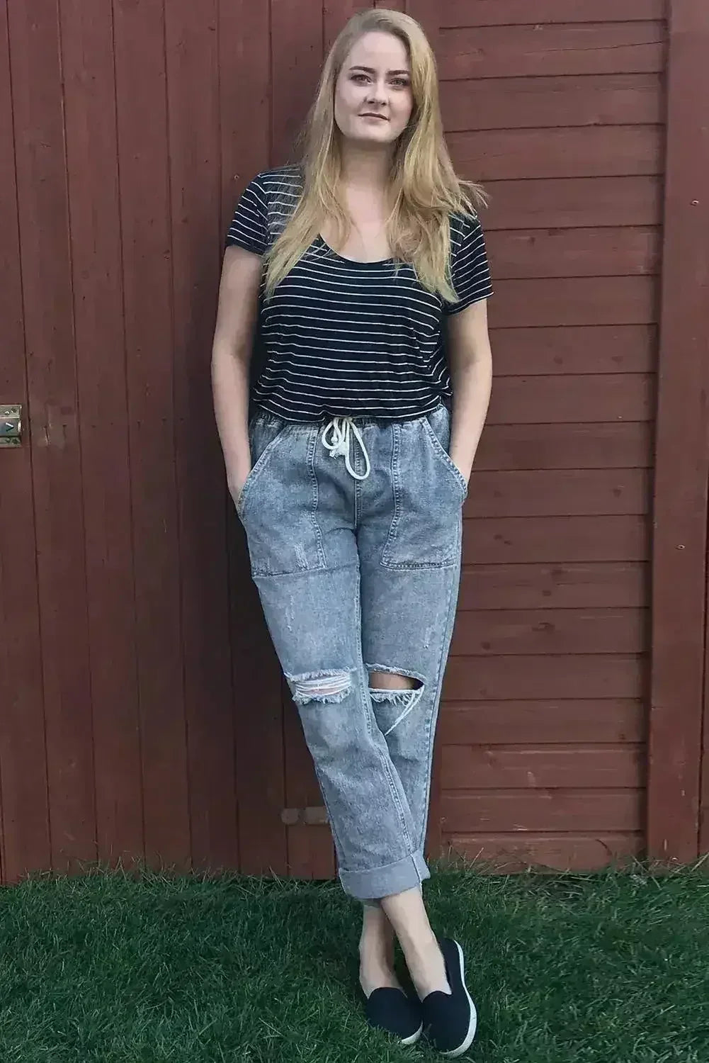 Sky Blue Gather Round Distressed Pocketed Hole Denim Jogger - Femstylo