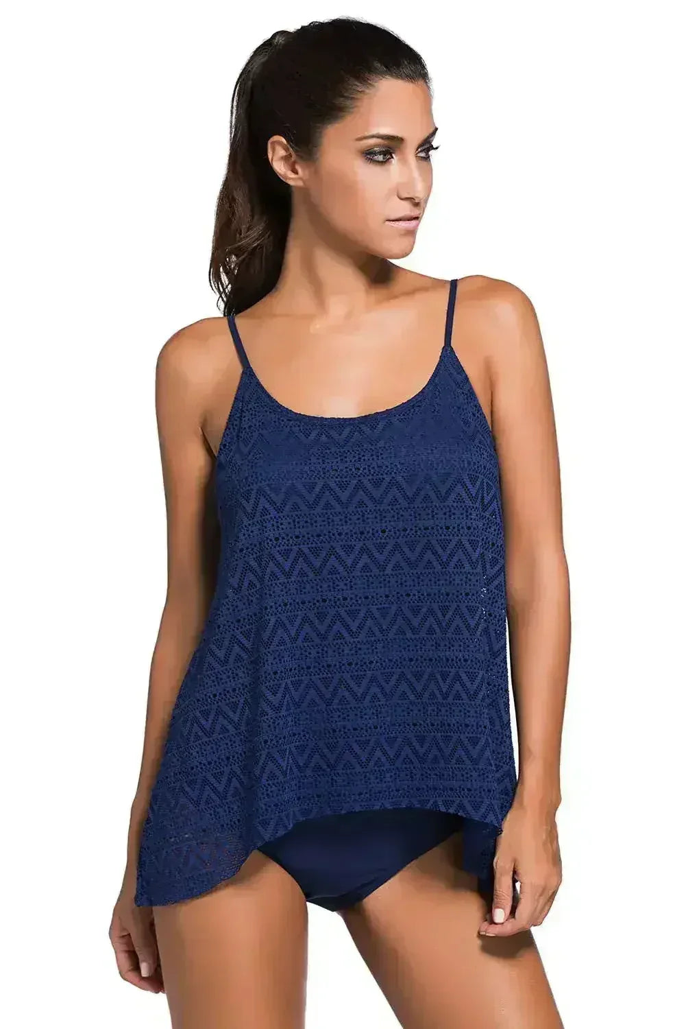 Spaghetti Straps Navy Blue Lace Overlay Tankini Swimsuit - Femstylo