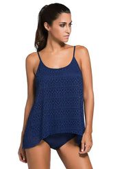 Spaghetti Straps Navy Blue Lace Overlay Tankini Swimsuit - Femstylo