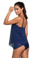Spaghetti Straps Navy Blue Lace Overlay Tankini Swimsuit - Femstylo