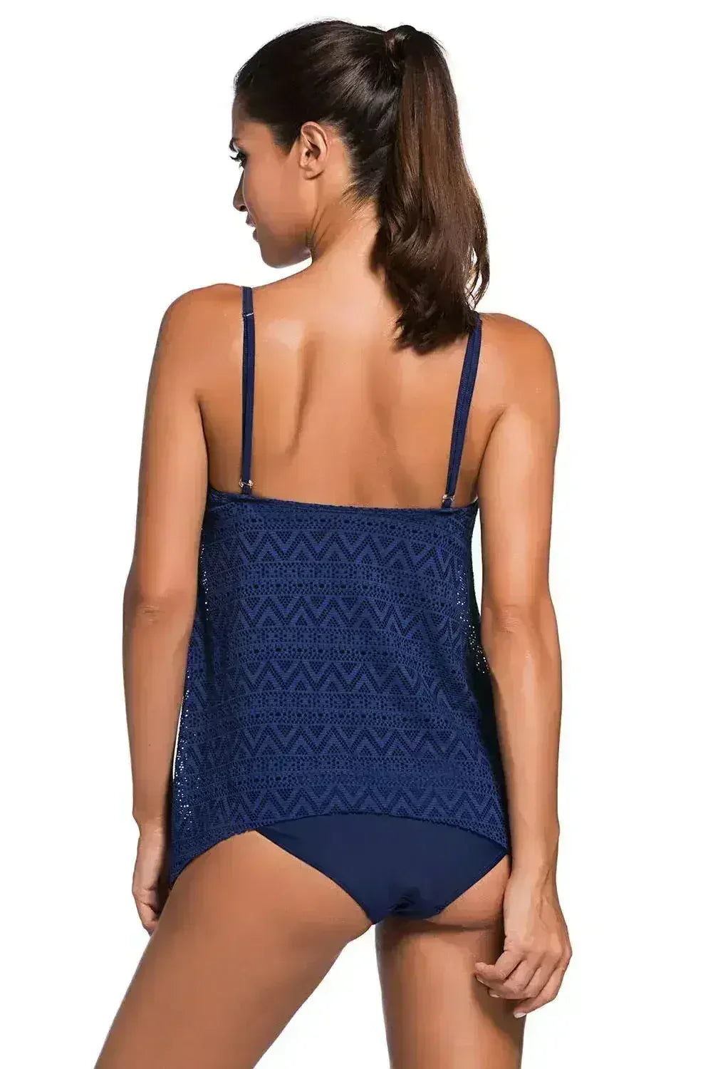 Spaghetti Straps Navy Blue Lace Overlay Tankini Swimsuit - Femstylo
