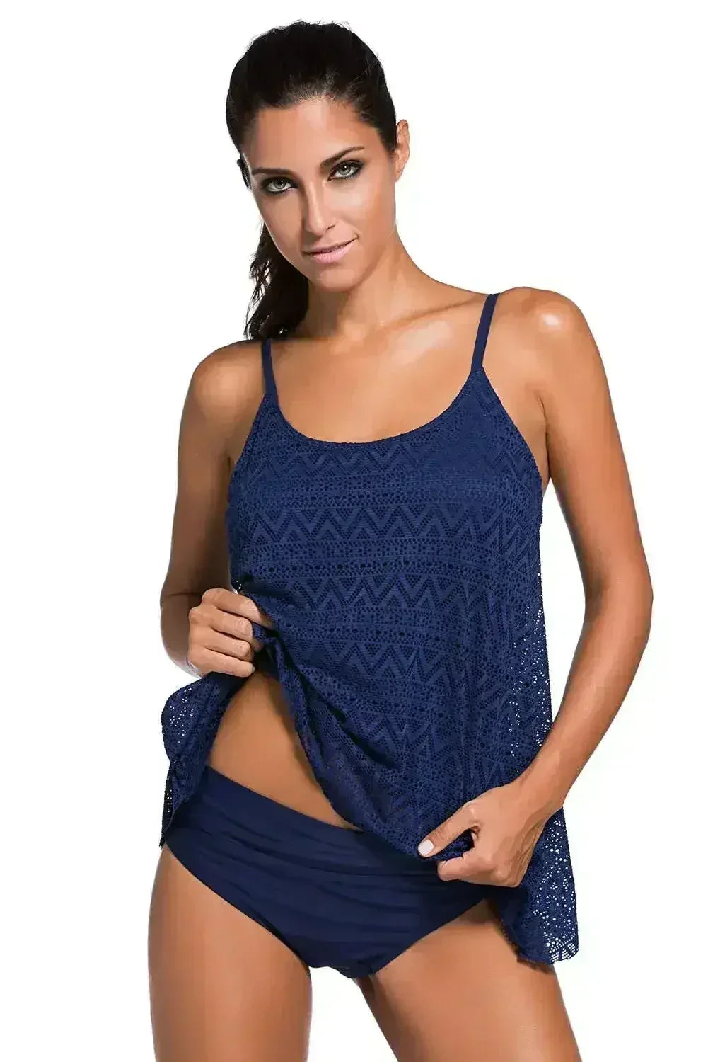 Spaghetti Straps Navy Blue Lace Overlay Tankini Swimsuit - Femstylo