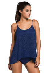 Spaghetti Straps Navy Blue Lace Overlay Tankini Swimsuit - Femstylo