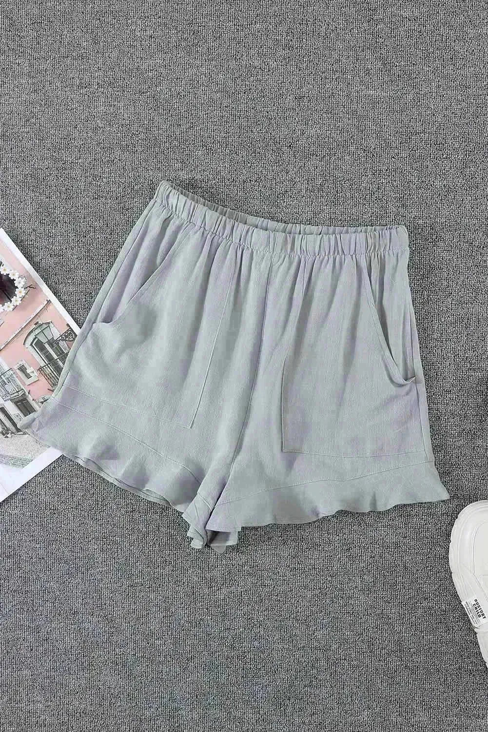 Summer Gray Blue Pocketed Flutter Linen Cotton Shorts - Femstylo