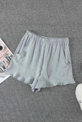 Summer Gray Blue Pocketed Flutter Linen Cotton Shorts - Femstylo