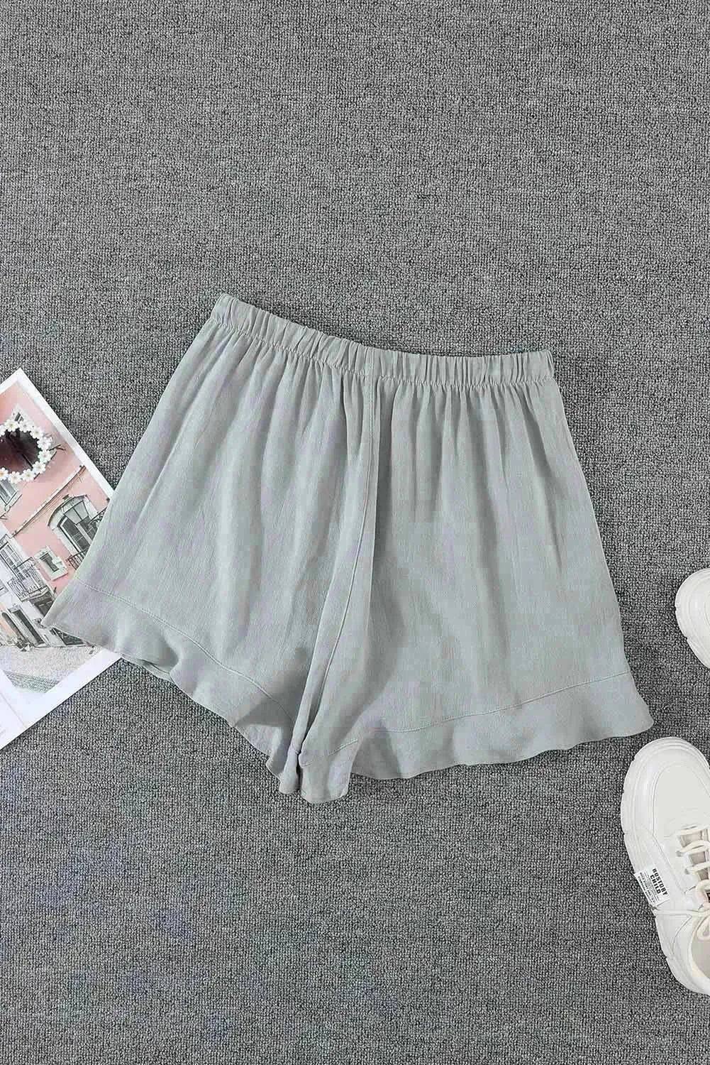 Summer Gray Blue Pocketed Flutter Linen Cotton Shorts - Femstylo