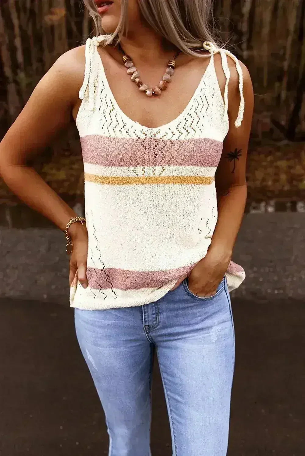 Summer White Striped Colorblock Textured Knit Tank Top - Femstylo