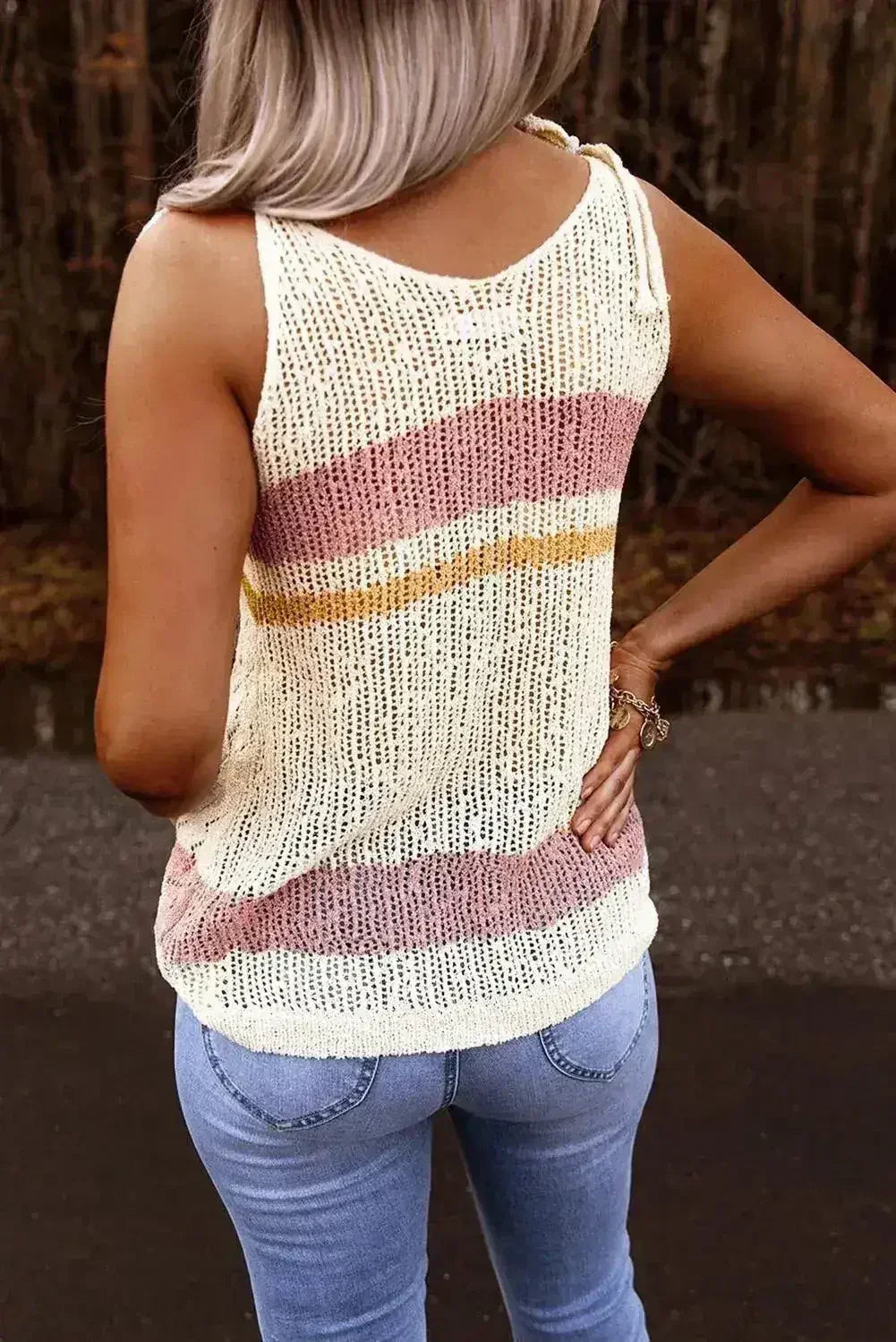 Summer White Striped Colorblock Textured Knit Tank Top - Femstylo