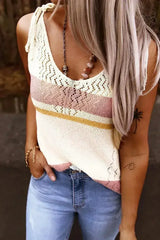 Summer White Striped Colorblock Textured Knit Tank Top - Femstylo