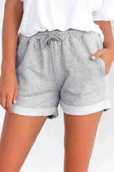 Summer Women Gray Tie Waist Side Pockets Cuffed Lounge Shorts - Femstylo