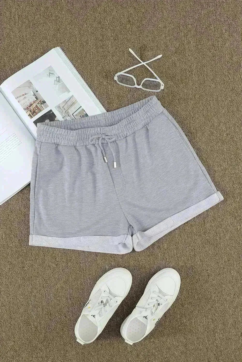 Summer Women Gray Tie Waist Side Pockets Cuffed Lounge Shorts - Femstylo