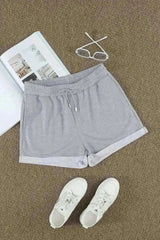 Summer Women Gray Tie Waist Side Pockets Cuffed Lounge Shorts - Femstylo