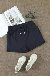 Summer Women Navy Blue Tie Waist Side Pockets Cuffed Lounge Shorts - Femstylo