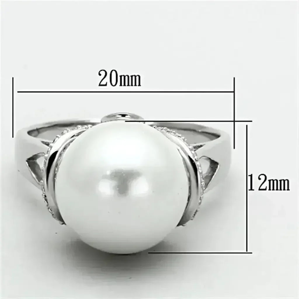 TS154 - Rhodium 925 Sterling Silver Ring with Synthetic Pearl in White - Femstylo