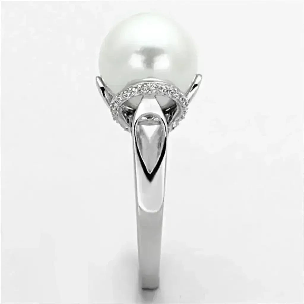 TS154 - Rhodium 925 Sterling Silver Ring with Synthetic Pearl in White - Femstylo