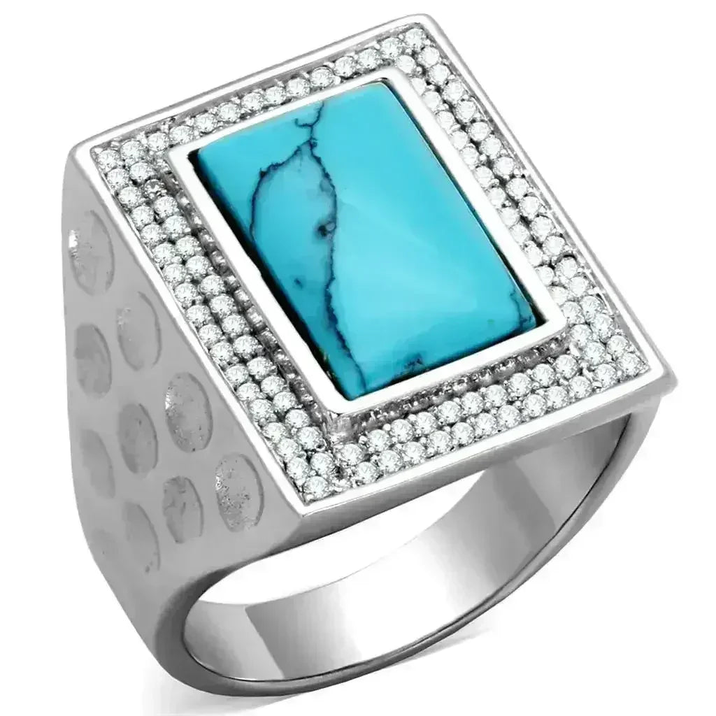 TS228 - Rhodium 925 Sterling Silver Ring with Synthetic Turquoise in - Femstylo
