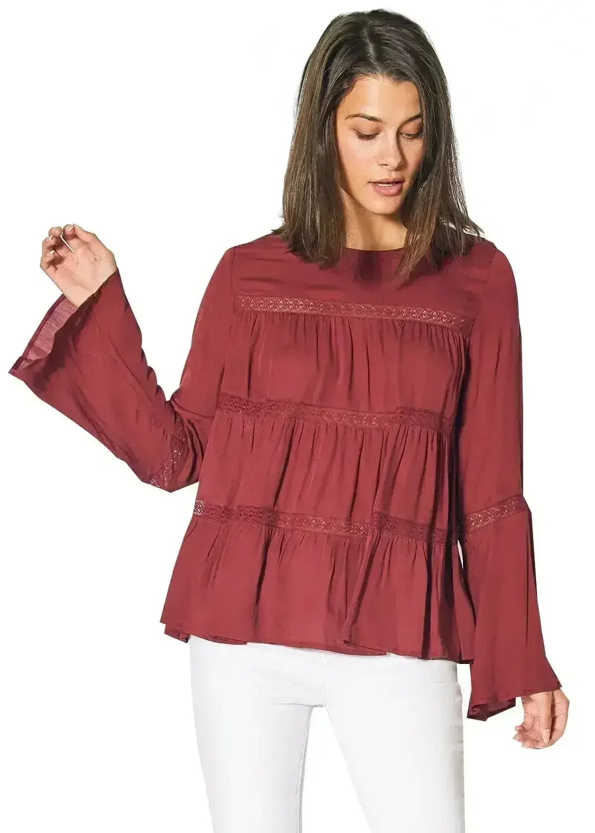 Bell Sleeve Tiered Blouse – Red Cordovan Polyester Women Top - Femstylo