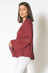 Bell Sleeve Tiered Blouse – Red Cordovan Polyester Women Top - Femstylo
