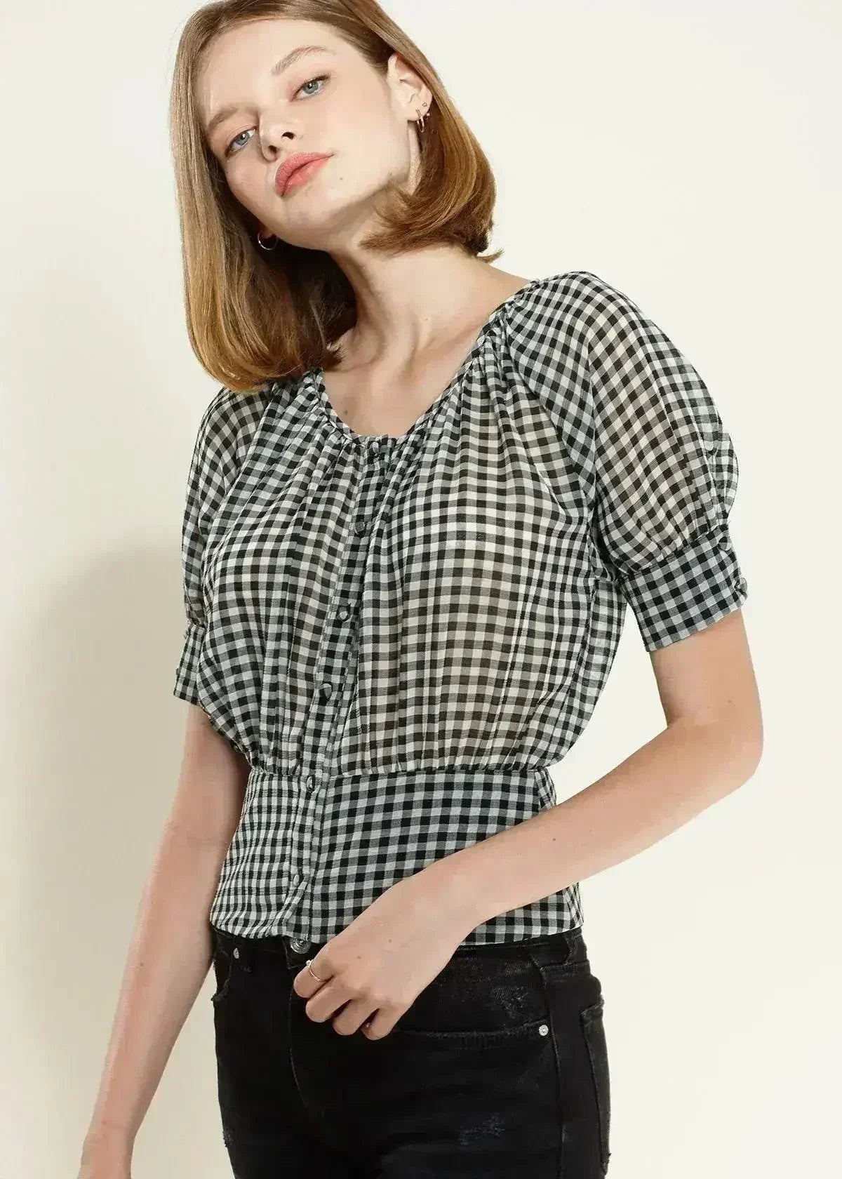Button Down Peplum Cropped Blouse in Black | Femstylo - Femstylo