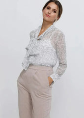 Tie Neck Sheer Blouse In Ivory Silver | FEMSTYLO - Femstylo