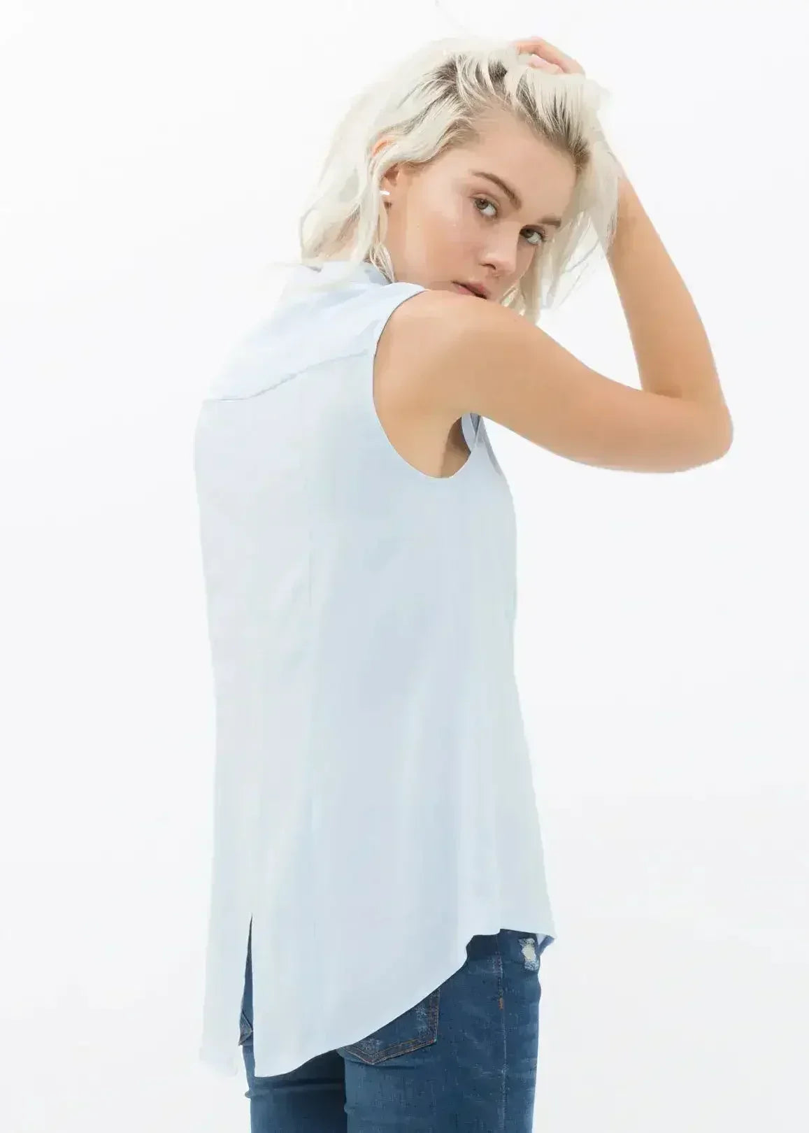 Women's Stand Collar Sleeveless Blouse In Cloud Blue | Femstylo - Femstylo