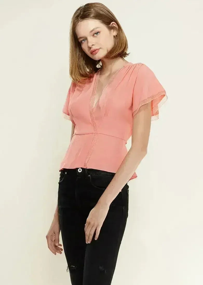 Women's Lace Trim Cape Sleeve Wrap Blouse in Coral | Femstylo - Femstylo