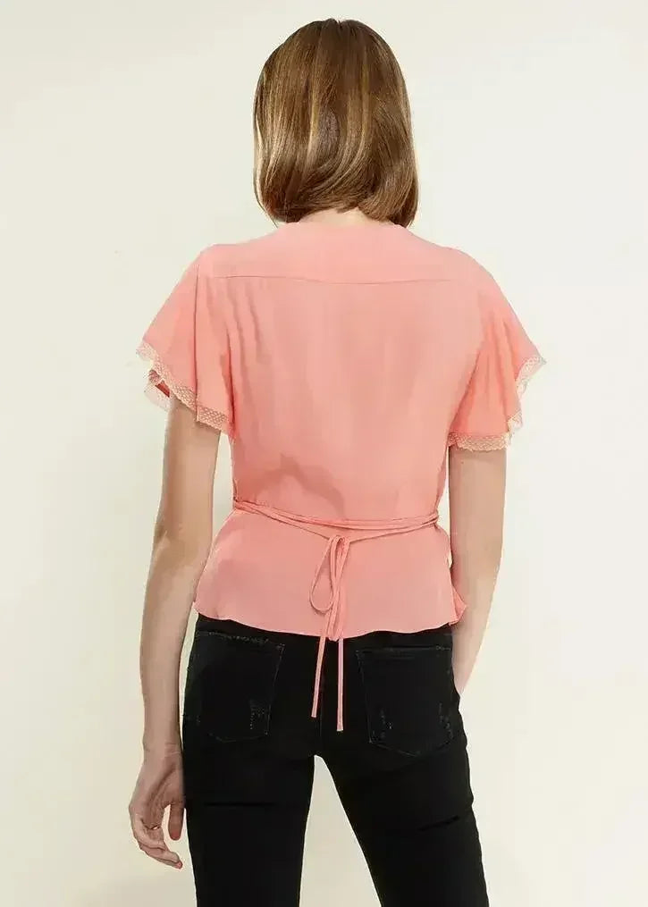 Women's Lace Trim Cape Sleeve Wrap Blouse in Coral | Femstylo - Femstylo