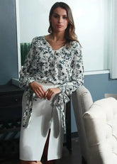 Ivory Floral V-neck Tie Cuff In Garden Blouse | Femstylo - Femstylo