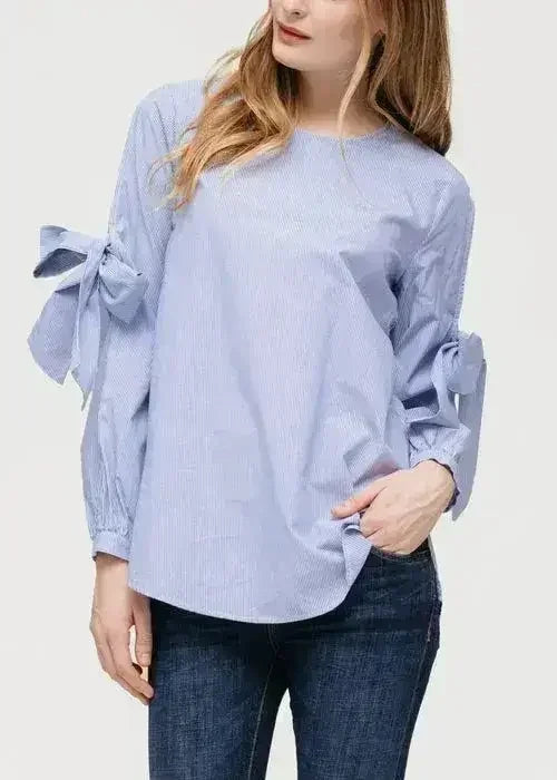 Women's Tie Sleeve Poplin Crewneck Blouse | Femstylo - Femstylo