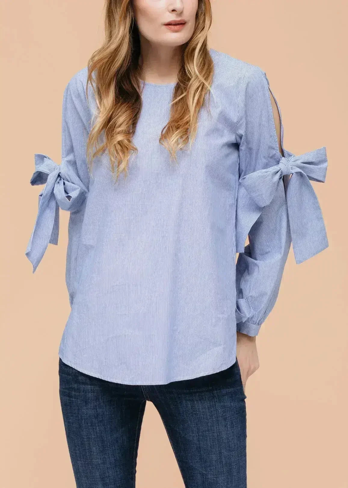 Women's Tie Sleeve Poplin Crewneck Blouse | Femstylo - Femstylo