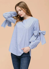 Women's Tie Sleeve Poplin Crewneck Blouse | Femstylo - Femstylo