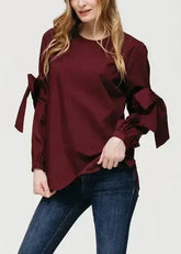 Women's Tie Sleeve Poplin Crewneck Blouse | Femstylo - Femstylo