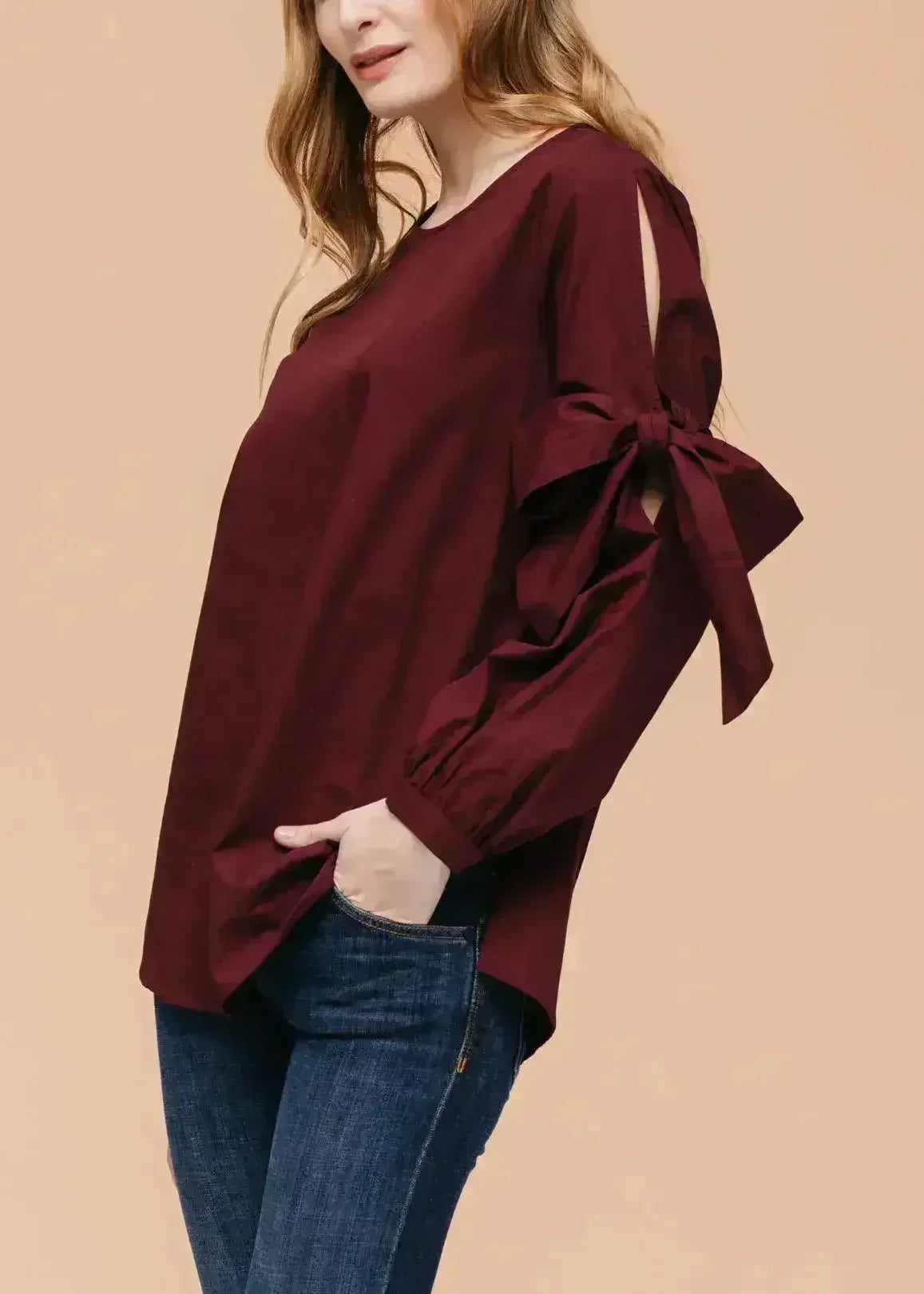 Women's Tie Sleeve Poplin Crewneck Blouse | Femstylo - Femstylo