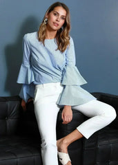Women's Ruffle Bell Sleeve Shirt Blouse In Blue | Femstylo - Femstylo