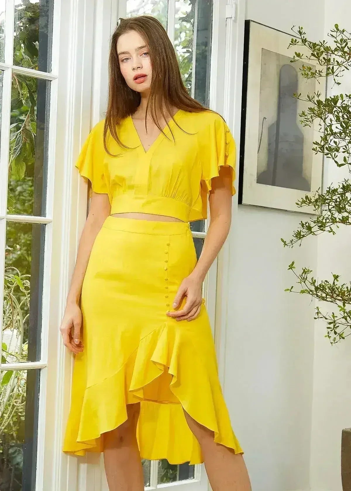 Women's Asymmetrical Hem Button Front Skirt in Yellow - Femstylo