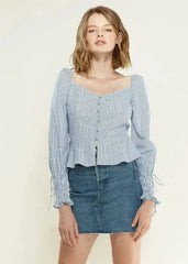 Smocked Cuff Button Front Peplum Blouse in Blue | Femstylo - Femstylo