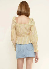 Smocked Cuff Button Front Peplum Blouse in Yellow | Femstylo - Femstylo