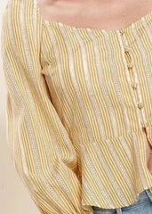 Smocked Cuff Button Front Peplum Blouse in Yellow | Femstylo - Femstylo