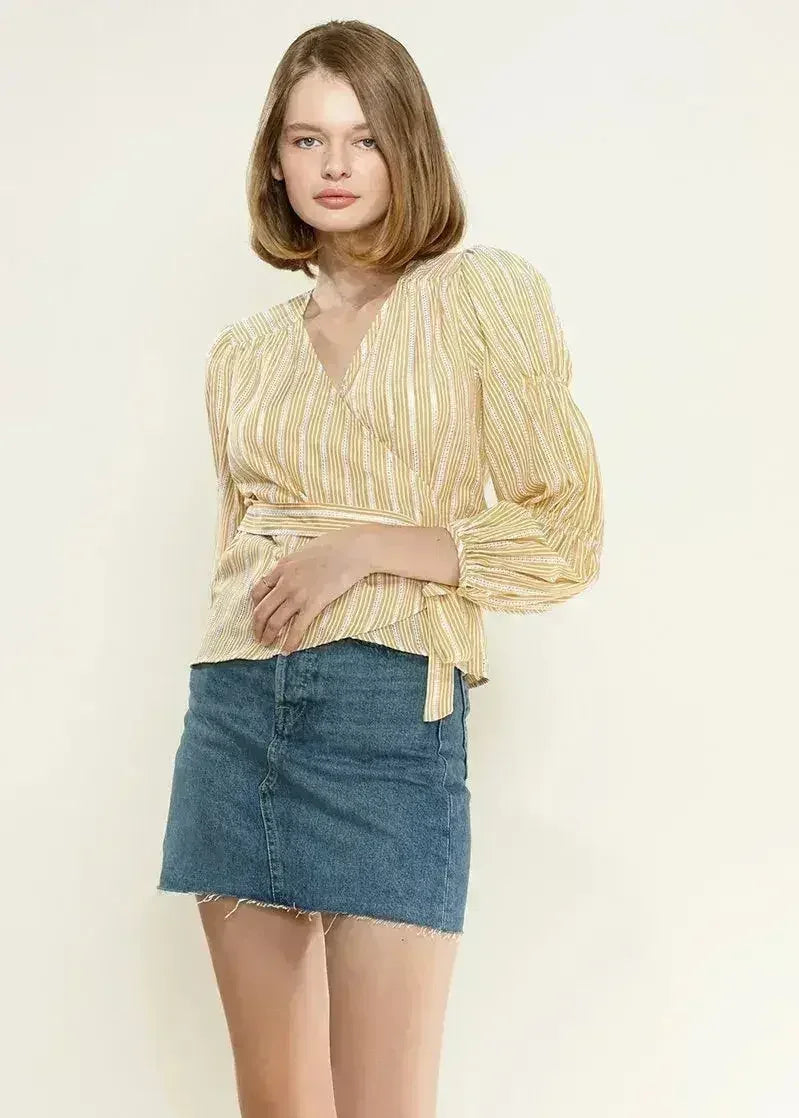 Smocked Sleeve Stripe Wrap V-Neck Blouse in Yellow | Femstylo - Femstylo
