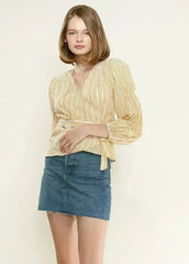 Smocked Sleeve Stripe Wrap V-Neck Blouse in Yellow | Femstylo - Femstylo