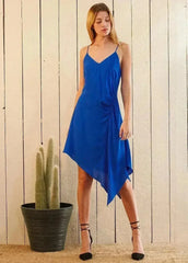Solid Asymmetrical Hem V-neck Dress in Blue - Femstylo
