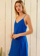 Solid Asymmetrical Hem V-neck Dress in Blue - Femstylo