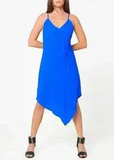 Solid Asymmetrical Hem V-neck Dress in Blue - Femstylo
