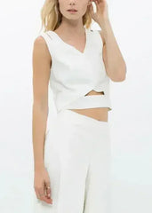 White V-Neck Sleeveless Crop Top - Keyhole & Zipper Detail - Femstylo