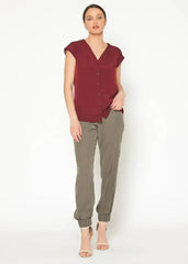 Women's Basic Sleeveless V Neck Button Top In Burgundy - Femstylo