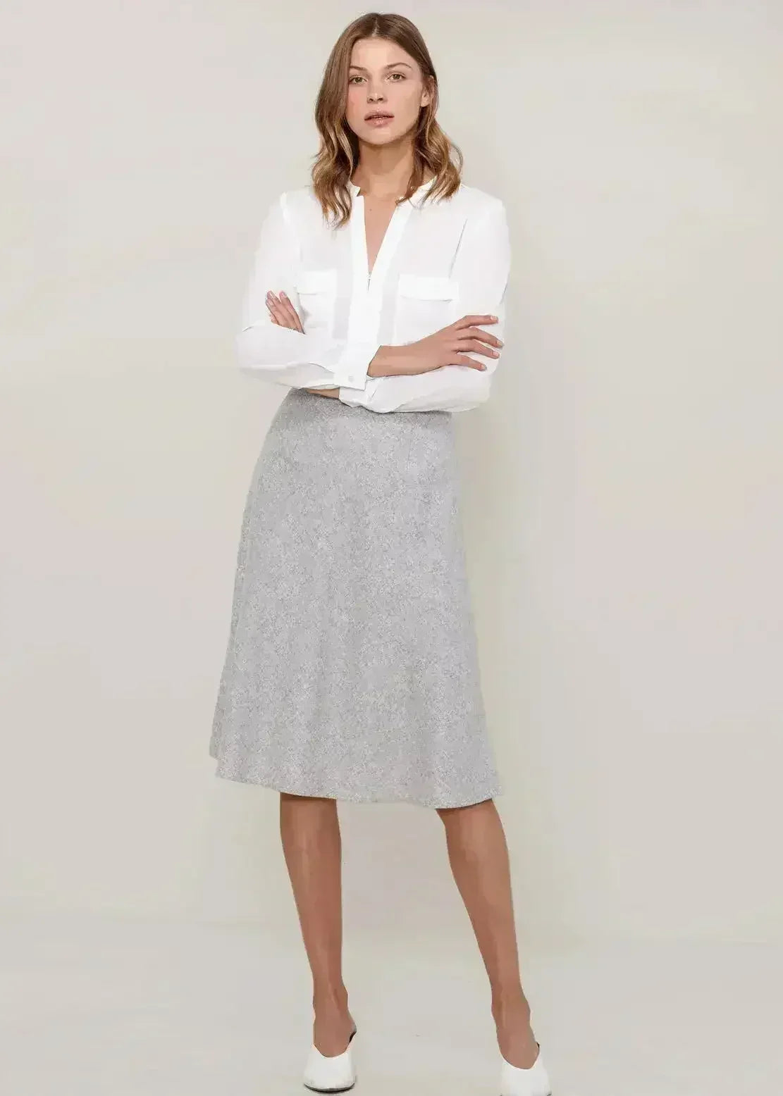 High Waisted Wool Knit Midi Skirt In Heather Grey - Femstylo
