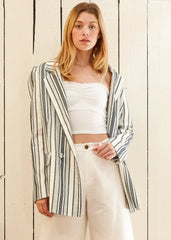 Blue White Stripe Blazer | Double Breasted Tweed Jacket - Femstylo