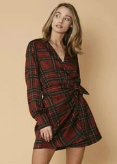 Plaid-polkadot Mini Wrap Dress in Brick - Femstylo